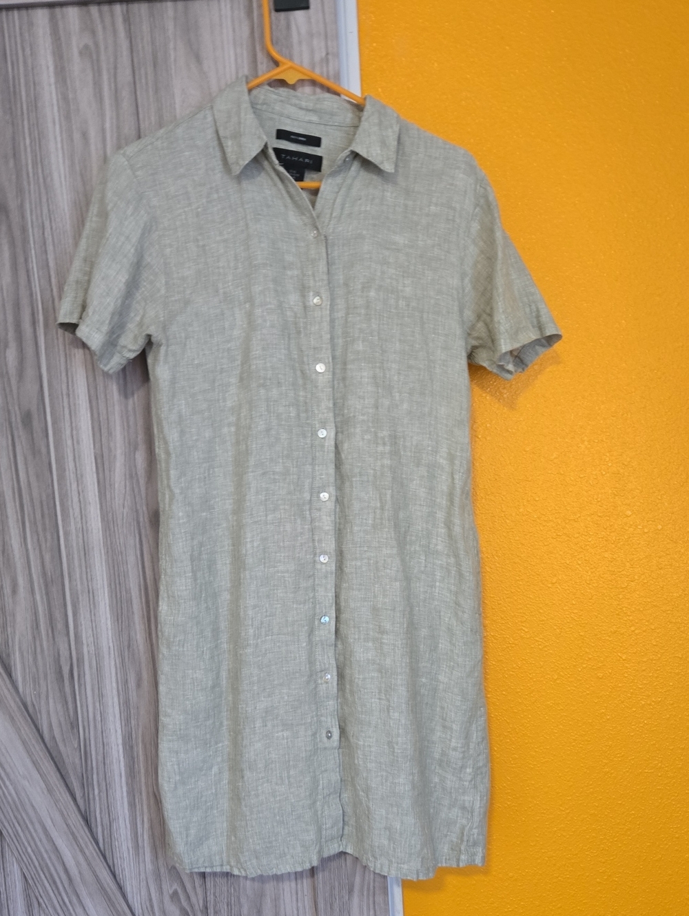 Short-Sleeve Linen Button-Down Dress - Light Olive